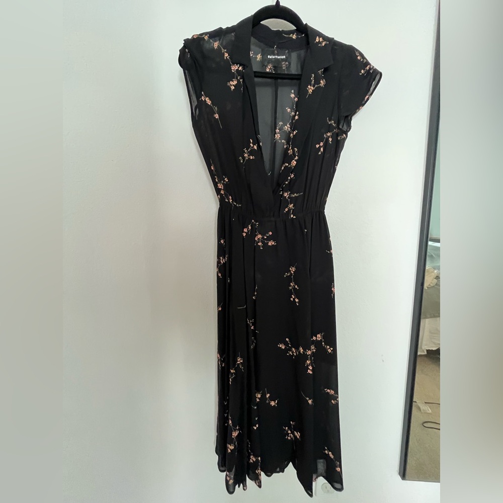 Reformation Black Dress with Floral Accents